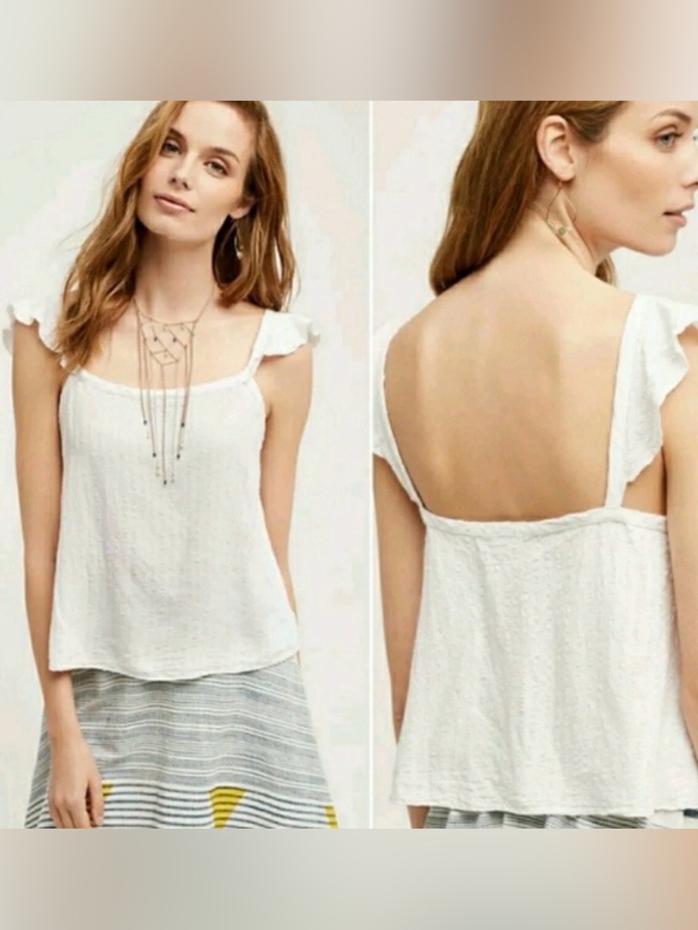 Anthropologie Saturday Sunday Ruffle Sleeve Tank Top M Rayon Linen Off White Med